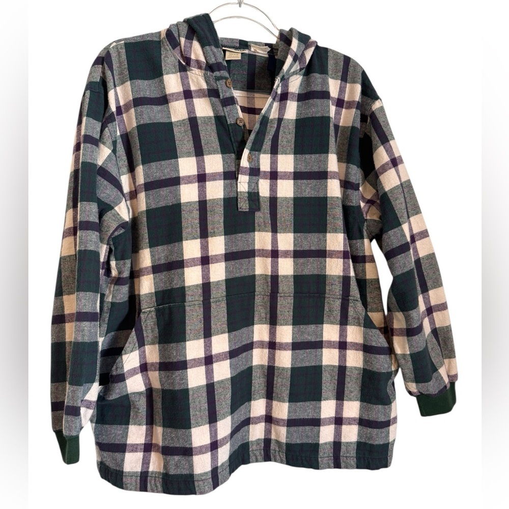 L.L. Bean Kids/Small Adult Checkered Hooded Sweatshirt Green Purple White SizeXL